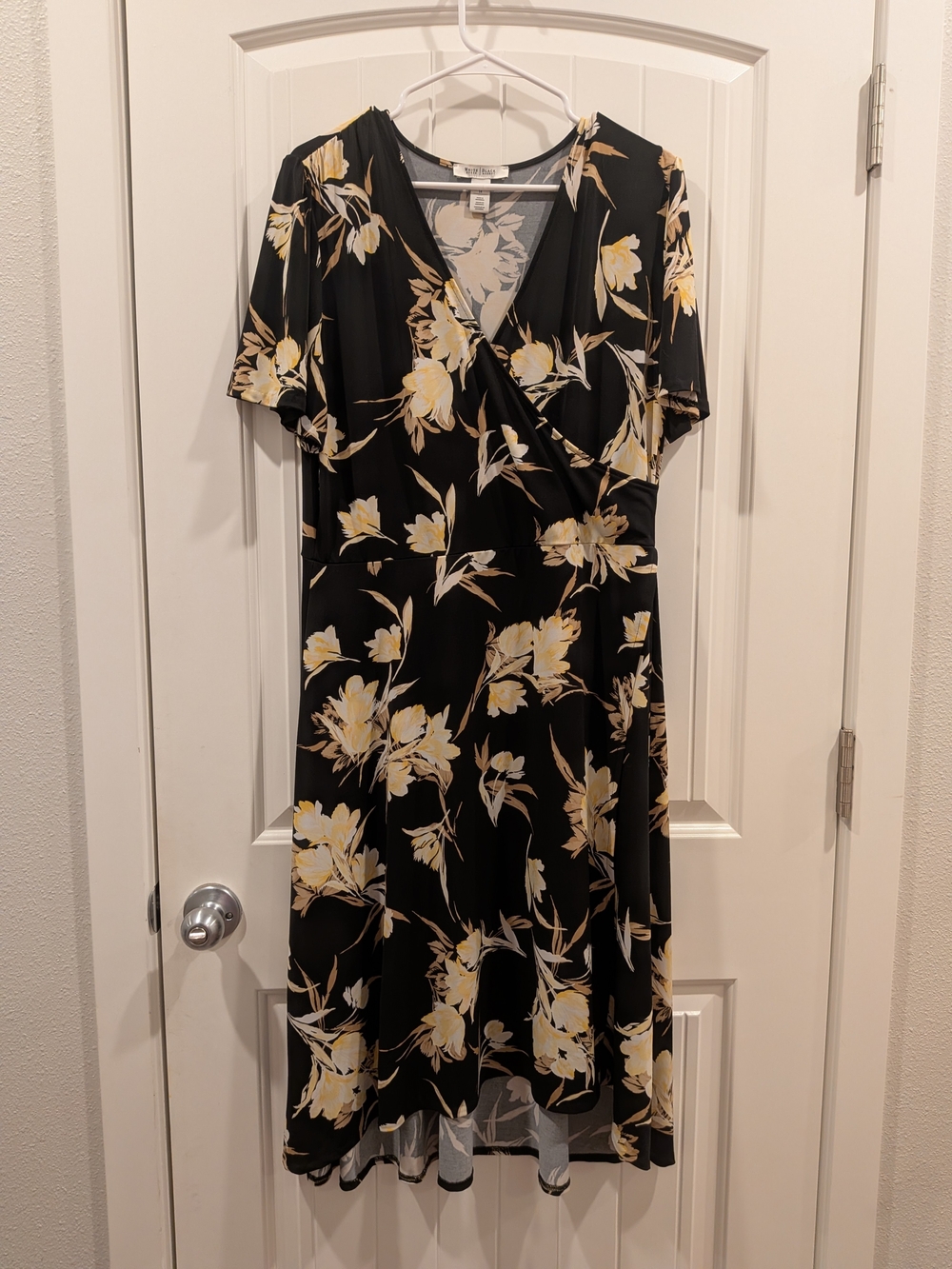 White House Black Market Black Floral Wrap Dress with Yellow Accents